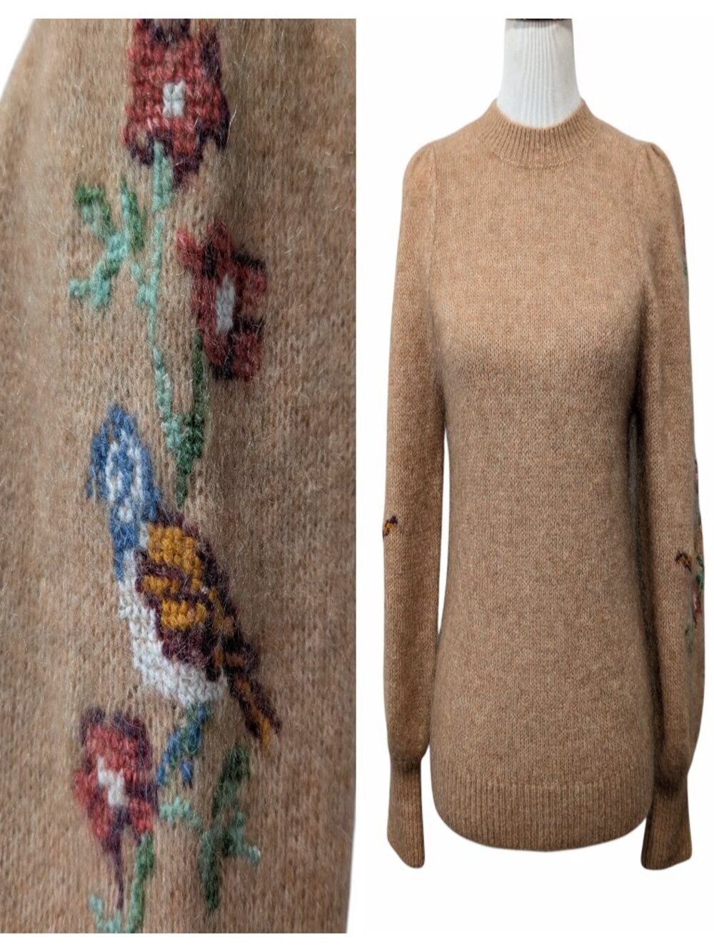 Sezane x Baziszt Womens Size S Martin Tan Mohair Wool Embroidered Jumper Sweater